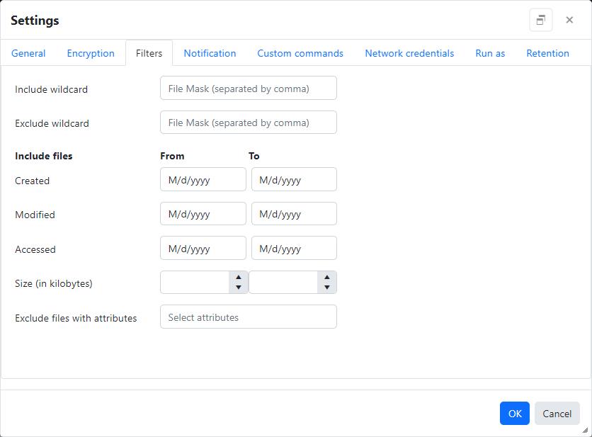 Agent file backup job settings - Filters