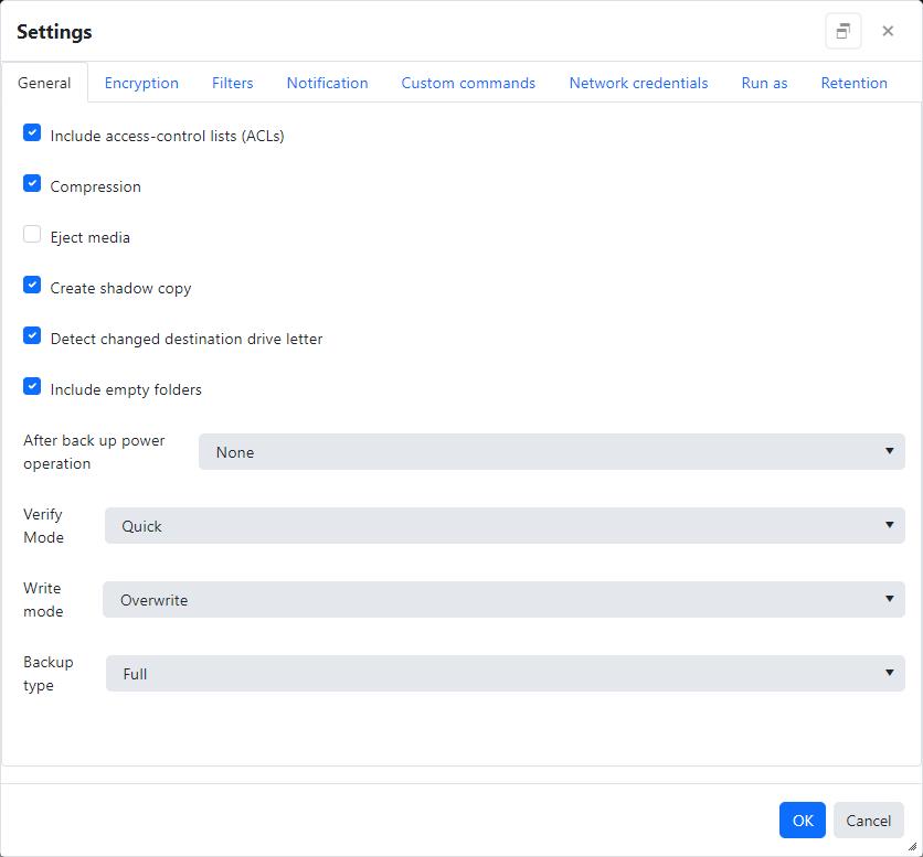Agent file backup job settings - General
