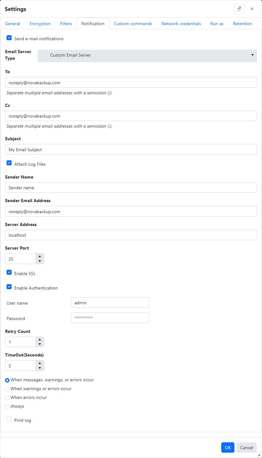 Agent file backup job settings - Notification