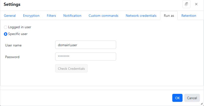 Agent file backup job settings - Run as