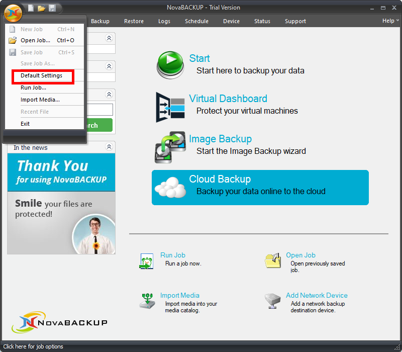 Backup Client Default Settings Menu